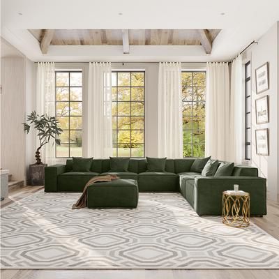 141.05"Power Reclining L-shaped with Ottoman, 2 Recliners, Sofa with 4 Main Seats and 2 Extras, Fabric, Dark green