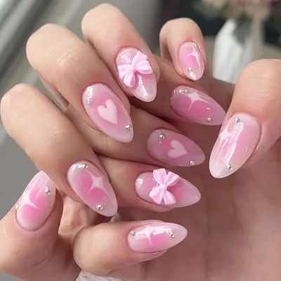 24 pièces Blush rose faux ongles amande 3D nœuds papillon décoration presse sur ongles couverture complète doux brillant faux ongles conseils pour femmes filles