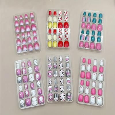 TEMU 6 Boxes With A Total Of 144pcs, Candy-colored Short Oval Fake Nails, Full-coverage Press-on Wear Nails, Cute Artificial Nails, With Adhesive On The Back For Direct Pasting