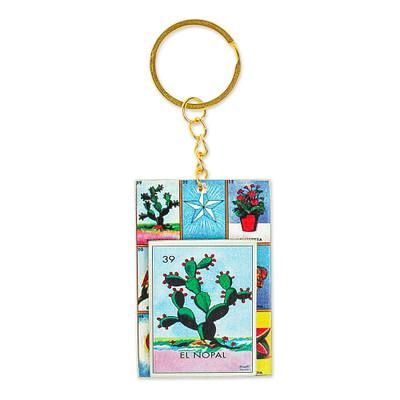 The Nopal,'Decoupage Wooden Keychain With Mexican Loteria Game Motif'