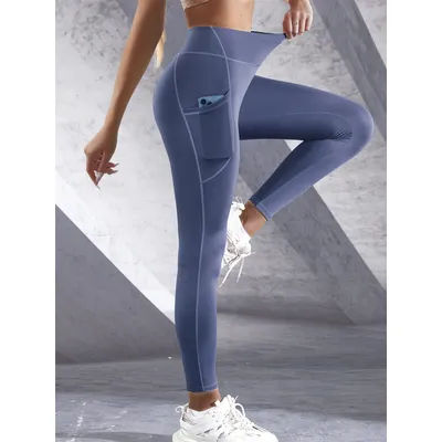Leggings à poches latérales de couleur unie pour femmes, vêtements de sport taille haute, pantalons de Yoga, Push Up, Fitness