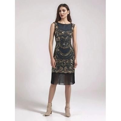 Anni Ruggenti Anni 1920 Lunghezza al ginocchio Vestito Abito Flapper Senza maniche Il grande Gatsby Gentildonna Invitato al matrimonio Paillettes Frangia con nappe Scollo Tondo Costume Per donna