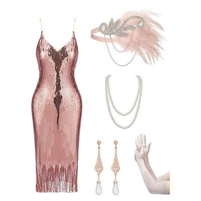 Anni Ruggenti Anni 1920 Lunghezza al ginocchio Abito Flapper Abiti Abito da cocktail Senza maniche Il grande Gatsby Ragazza Flapper Invitato al matrimonio Paillettes Frange Scollo a V Costume Per