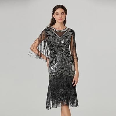 Anni Ruggenti Anni 1920 Lunghezza al ginocchio Vestito Abito Flapper Senza maniche Il grande Gatsby Gentildonna Invitato al matrimonio Paillettes Frangia con nappe Scollo Tondo Costume Per donna