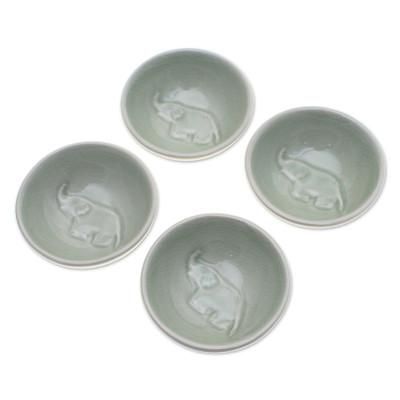 Gourmet Elephant,'4 Handmade Celadon Ceramic Elephant Condiment Bowls in Green'