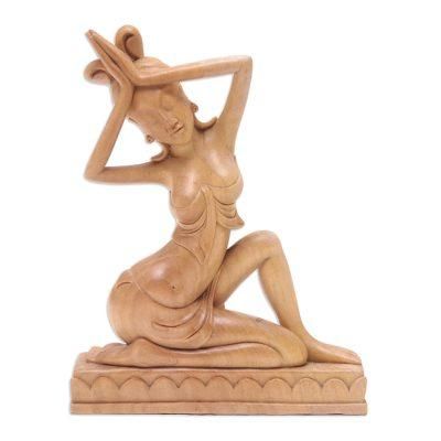'Hand-Carved Hindu Crocodile Wood Sculpture of Praying Woman'