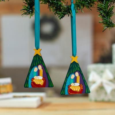 'Nativity-Themed Pair of Handmade Wood Ornaments from Mexico'