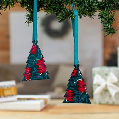 Eve Pines,'Hand-Painted Pine-Shaped Green and Red Wood Ornament Pair'