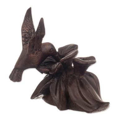 'Hand-Carved Hummingbird Flower-Themed Cedarwood Figurine'