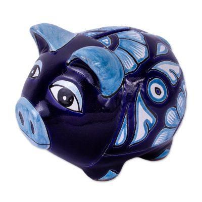 Cobalt Piggy,'Hand Painted Blue Ceramic Pig Decor Accent from Mexico'