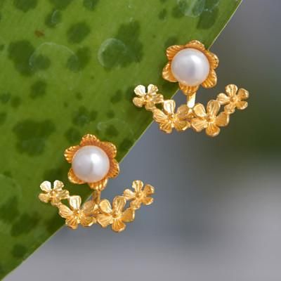Pearly Eden,'Floral 22k Gold-Plated White Pearl Ear Jacket Earrings'