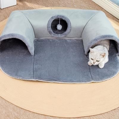 TEMU 3-in-1 Cozy Cat Tunnel Bed With Play Mat And Warm Sleeping Pad, Non-slip Bottom - Ideal For Small To Medium Cats, Rabbits & Hamsters, Game Mat