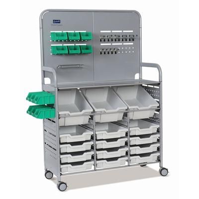 Gratnells Callero MakerSpace Trolley Set 01, Metal, 1 Shelf, 12 F1 Bins, 3 F2 Bins, 42.9" x 17.3" x 61.8", Silver/Light Gray (GTSMST014419)
