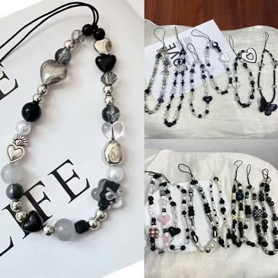Y2k Black Heart Pearl Beaded Phone Chain Hanging Cord Phone Charms Phone Strap Summer Handmade Mobile Lanyard Jewelry Gift