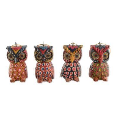 Celebratory Owls,'Pinewood Owl Ornaments from Guatemala (Set of 4)'