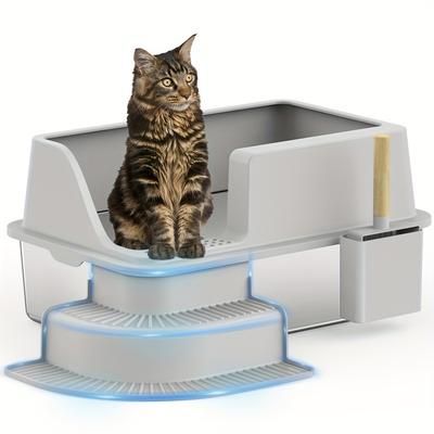 TEMU Stainless Steel Corner Litter Box For Cats, Semi-enclosed With And Stair Treads, Litter Pan, Easy Entry/exit, In Dark And Light Gray