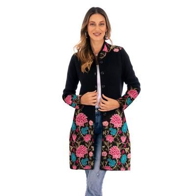 Midday Garden,'100% Baby Alpaca Black Long Cardigan with Floral Motifs'