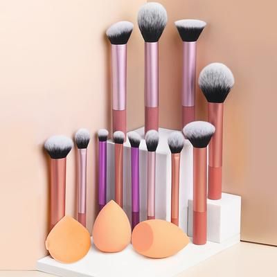 TEMU 15 Makeup Brush Sets - Including Blush Brush, Contour Brush, Foundation Brush, Concealer Brush, Eye Shadow Brush, Etc., 1 Angled Makeup Sponge, 1 Drop-shaped And 1 Powder Puff Beauty Tool
