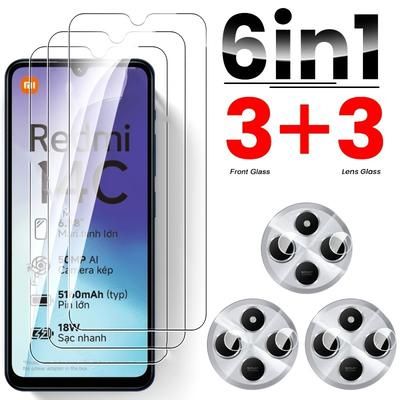 TEMU 6in 1 [3+3] Clear Transparent Screen Protector Tempered Glass For Redmi 14c 4g + Lens Camera Soft Film