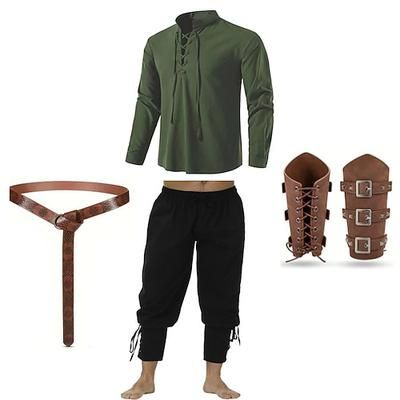 Vintage Medievale Rinascimento Pantaloni Abiti Cintura in Vita Pirata Ranger Tinta unica Costume Per uomo Vichingo Fantasia Mascherata Performance Mascherata LARP Adulti Camicia Pantaloni Cintura