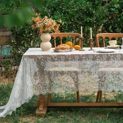TEMU Elegant White Wedding Tablecloth With Vintage Floral Embroidery - Outdoor Events, Home Kitchen Decor, And Holiday Gatherings