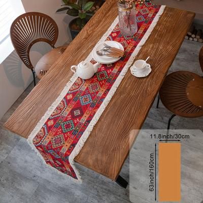 TEMU Floral Embroidered Table Runner With Tassels - 100% Polyester, Rectangular Woven Table Runner For Christmas Holiday, Elegant Party Decor And Everyday Use, Red Cashew Pattern
