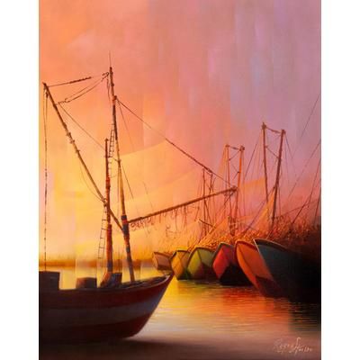 The Art of Fishing,'Seascape Oil Painting of Traditional Peruvian Fishing Boats'