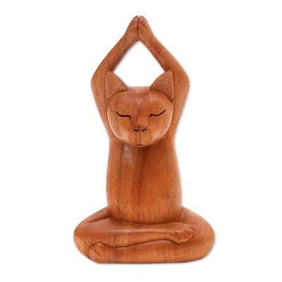 Toward the Sky Brown Yoga Cat,'Hand Crafted Wood Sculpture from Indonesia'