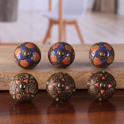 'Set of 6 Hand-Painted Ceramic Knobs with Floral Patterns'