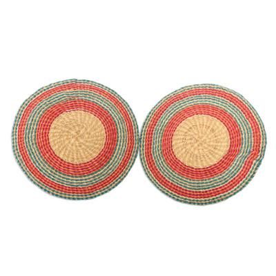 Ghanaian Suns,'Pair of Round Turquoise and Fuchsia Raffia Wall Accents'