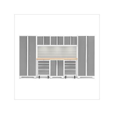 NewAge Garage Cabinets BOLD Series Platinum 9-Piece Set with Bamboo Top, Backsplash and LED Lights