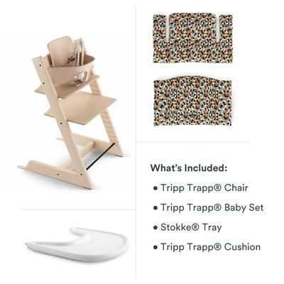 Tripp Trapp High Chair and Cushion with Stokke Tray Bundle - Natural / Honeycomb Happy / White