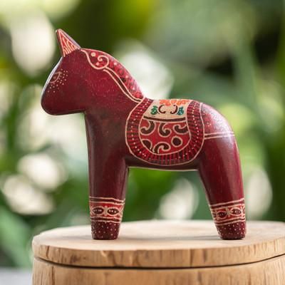 'Folk Art-Themed Batik Crimson-Red Pule Wood Horse Sculpture'