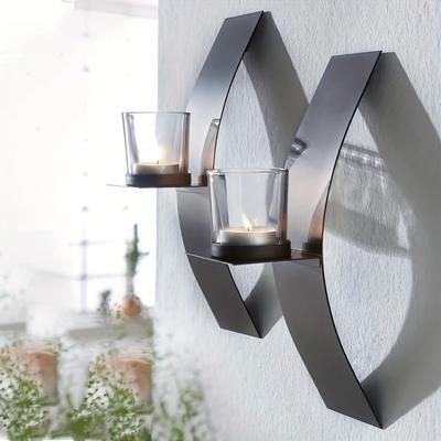 TEMU Set Of 2pcs Wall Sconce Candle Holder, Black Metal Iron Wrought Candlestick Stand With Glass Cup, Wall Mounted Candle Tray For Room, Hallway, Entryway, Bathroom Decor