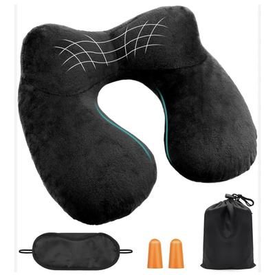 TEMU Ergonomic Inflatable Travel Pillow With Earplugs-soft Velvet Neck Support, Suitable For Airplane, Car, Office And Camping, Sleeping Rest Pillow