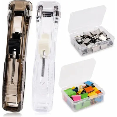 Portable Handheld Paper Clam Clip Dispenser Paper Clam Clip Dispenser with Paper Clam Clip Refills Mini Push Stapler Paper Cip