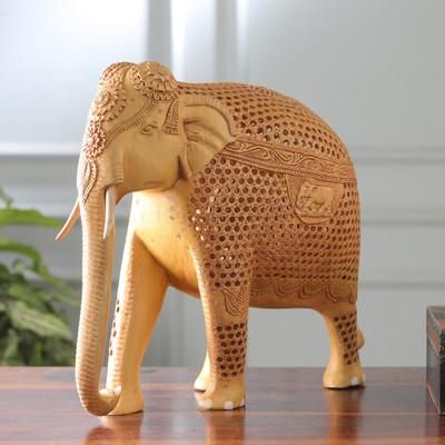 'Hand-Carved Jali-Themed Haldu Wood Royal Elephant Sculpture'