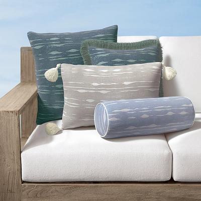 Nora Painted Stripe Indoor/Outdoor Pillow - Air Blue, 20" x 7" Bolster Air Blue, 20" x 7" Bolster in Air Blue with Natural Piping - Frontgate