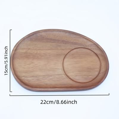 TEMU Acacia Wood Dessert Plate, Oval Wooden Serving Tray With Cup Holder, Tea Snack Platter, Multipurpose Solid Wood Breakfast Plate For Home Use