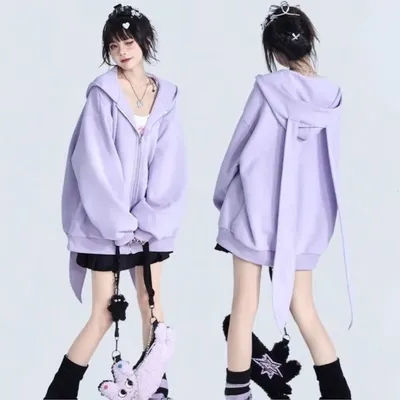 ChimPurple-Pull à capuche avec longues oreilles de lapin pour femme, sweat à capuche surdimensionné pour fille, cardigan zippé At, manteau blanc, vêtements