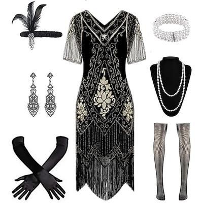 Anni Ruggenti Anni 1920 Lunghezza al ginocchio Abito Flapper Costume da festa Manica illusione Maniche corte Il grande Gatsby Frangia con nappe Paillettes Nappa Scollo a V Costume Per donna Carnevale