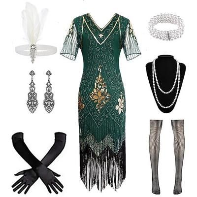 Anni Ruggenti Anni 1920 Lunghezza al ginocchio Abito Flapper Costume da festa Manica illusione Maniche corte Il grande Gatsby Frangia con nappe Paillettes Nappa Scollo a V Costume Per donna Carnevale