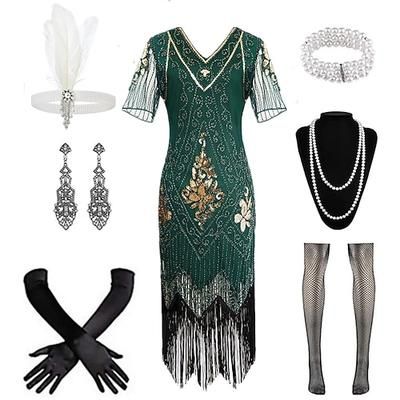 Anni Ruggenti Anni 1920 Lunghezza al ginocchio Abito Flapper Costume da festa Manica illusione Maniche corte Il grande Gatsby Frangia con nappe Paillettes Nappa Scollo a V Costume Per donna Carnevale