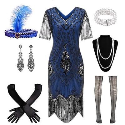 Anni Ruggenti Anni 1920 Lunghezza al ginocchio Abito Flapper Costume da festa Manica illusione Maniche corte Il grande Gatsby Frangia con nappe Paillettes Nappa Scollo a V Costume Per donna Carnevale