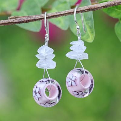 'Spring-Themed Glass and Quartz Pink Beaded Dangle Earrings'