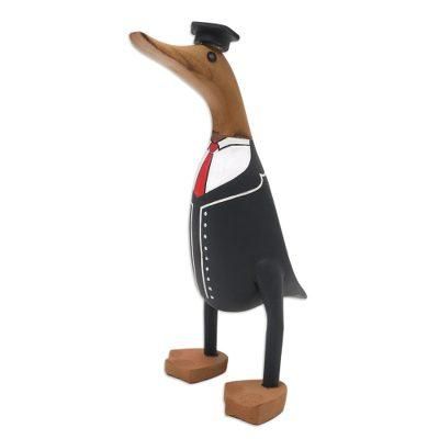 'Hand-Crafted Bamboo Root and Teak Wood Student Duck Figurine'