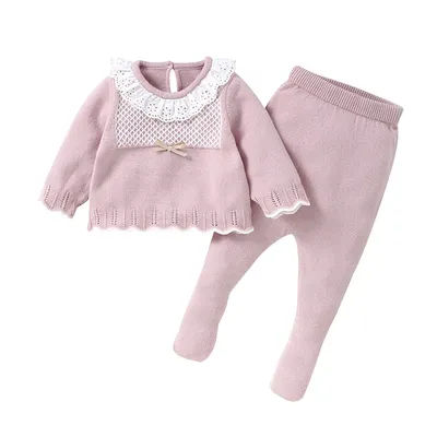 2pcs Autumn Winter Doll Collar Long Sleeve Sweaters + Solid Color Long Pants Baby Girls Clothing Sets Baby 0-9M Tops & Bottoms