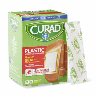 Curad Plastic Adhesive Bandage, Assorted Sizes, 80 Bandages/Box, 1 BX (CUR45157RBZ)