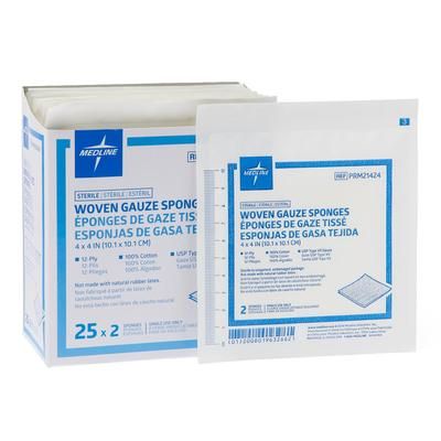 Medline Woven Sterile 12-Ply Gauze Sponges, USP Type VII, 4" x 4" in 2-Packs, 1200/CS (PRM21424)