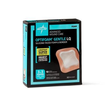 Medline Optifoam Gentle Silicone-Faced Foam Dressing with Liquitrap Super Absorbent Core, 3" x 3", in Educational Packaging, 10/BX (MSC2333EPZ)